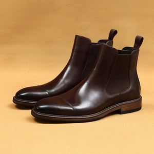 Botas Chelsea Oxford para Hombre, de Cuero Genuino, Punta Cuadrada, Cierre de Cordones, Cómodas, Antideslizantes, con Suela de Goma, Banda Elástica, Formales de Invierno - Product Image 2