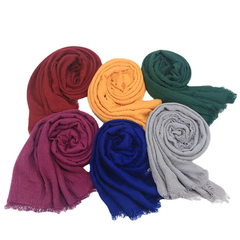 YD226 Hot Sale Long Scarf Head Wraps Solid Color Bandana Arab Turban Soft Ethnic Scarves Veil Muslim Crinkle Cotton Line Hijab