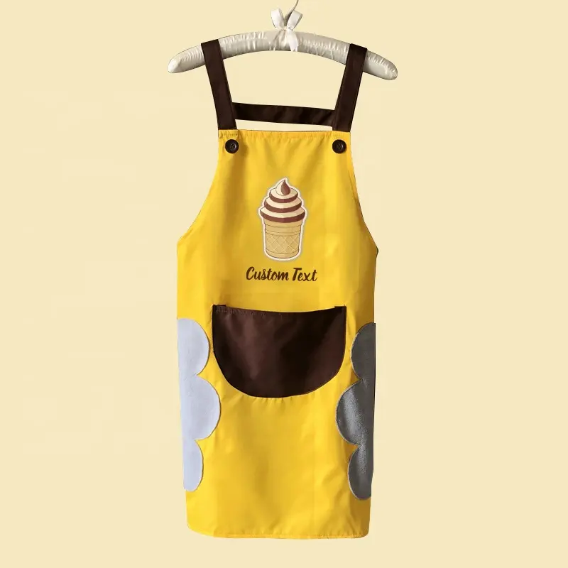 Convenient hand drying yellow cheap aprons custom short text Making ice cream working apron 1-large-pocket kitchen chef