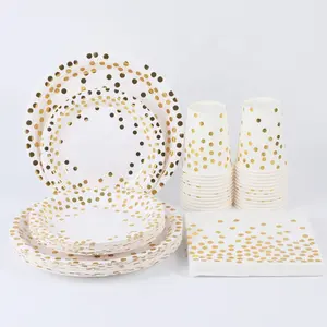 25 Pcs/set Wholesale Cheap Biodegradable Paper Plates Black White And Gold Disposable Paper Dinnerware Napkins Cups For Party