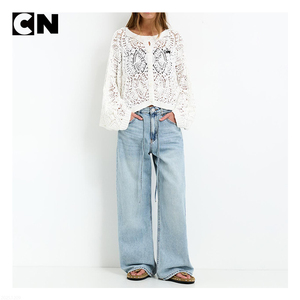 BSCI Certification Sweater Factory Custom logo <b>Women</b> Cotton Crew Neck Cropped Hollow Out <b>White</b> Knit <b>Cardigan</b> Sweater with Button - Product Image 2