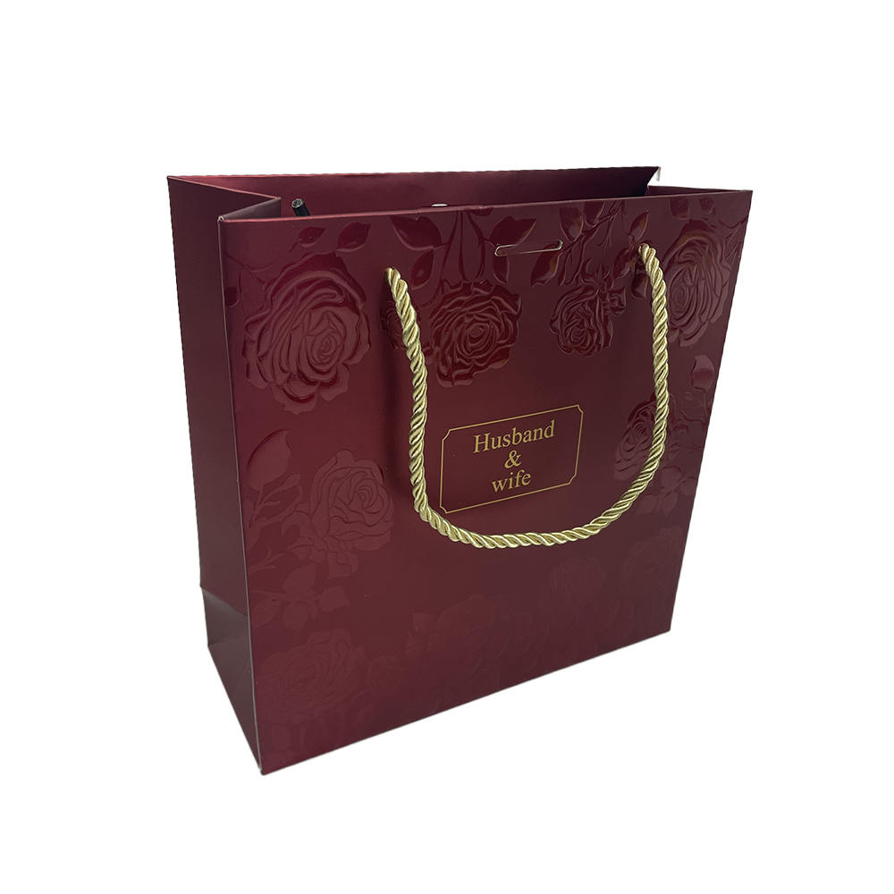 Reusable Custom logo Wine Red Gold Stamping Printed Luxury Shopping Cosmetic Design Handmade Gift Embossing Premium Paper Bags