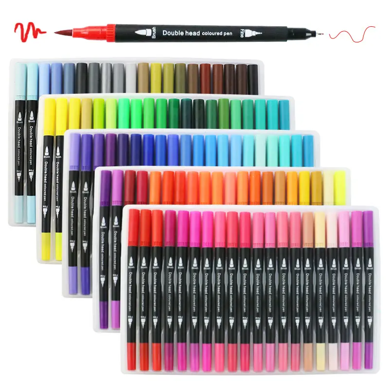 Canetas de ponta de feltro dobro, conjunto de canetas com duas pontas coloridas em aquarela 100 cores