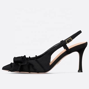 Zapatos de tacón de aguja con correa trasera de perlas para mujer, sandalias de vestir con lazo y punta fina de tela vaquera para oficina - Product Image 4