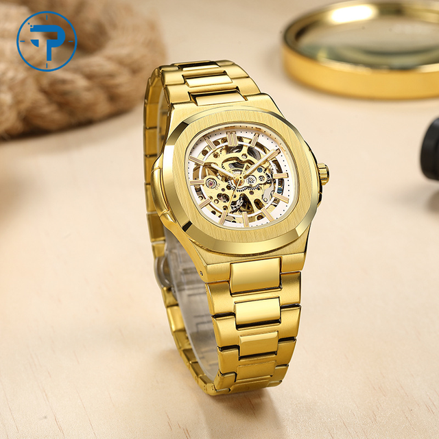 New Design Mechanical Movement Stainless Steel Band Custom logo Branded Black and Golden Color Fully Automatic Watch for Men