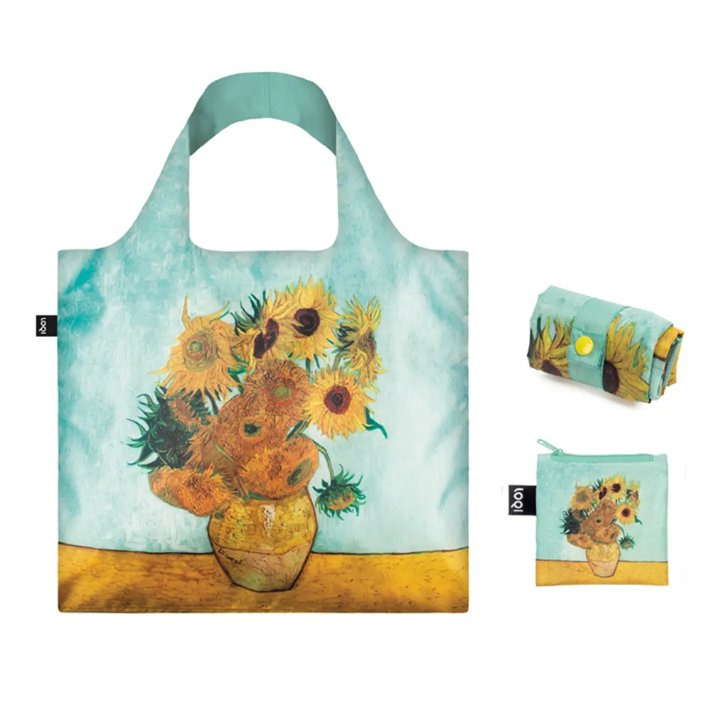 वान गाग सूरजमुखी कला मुद्रण तह नायलॉन ढोना बैग के साथ पुन: प्रयोज्य निविड़ अंधकार शॉपिंग बैग कस्टम लोगो