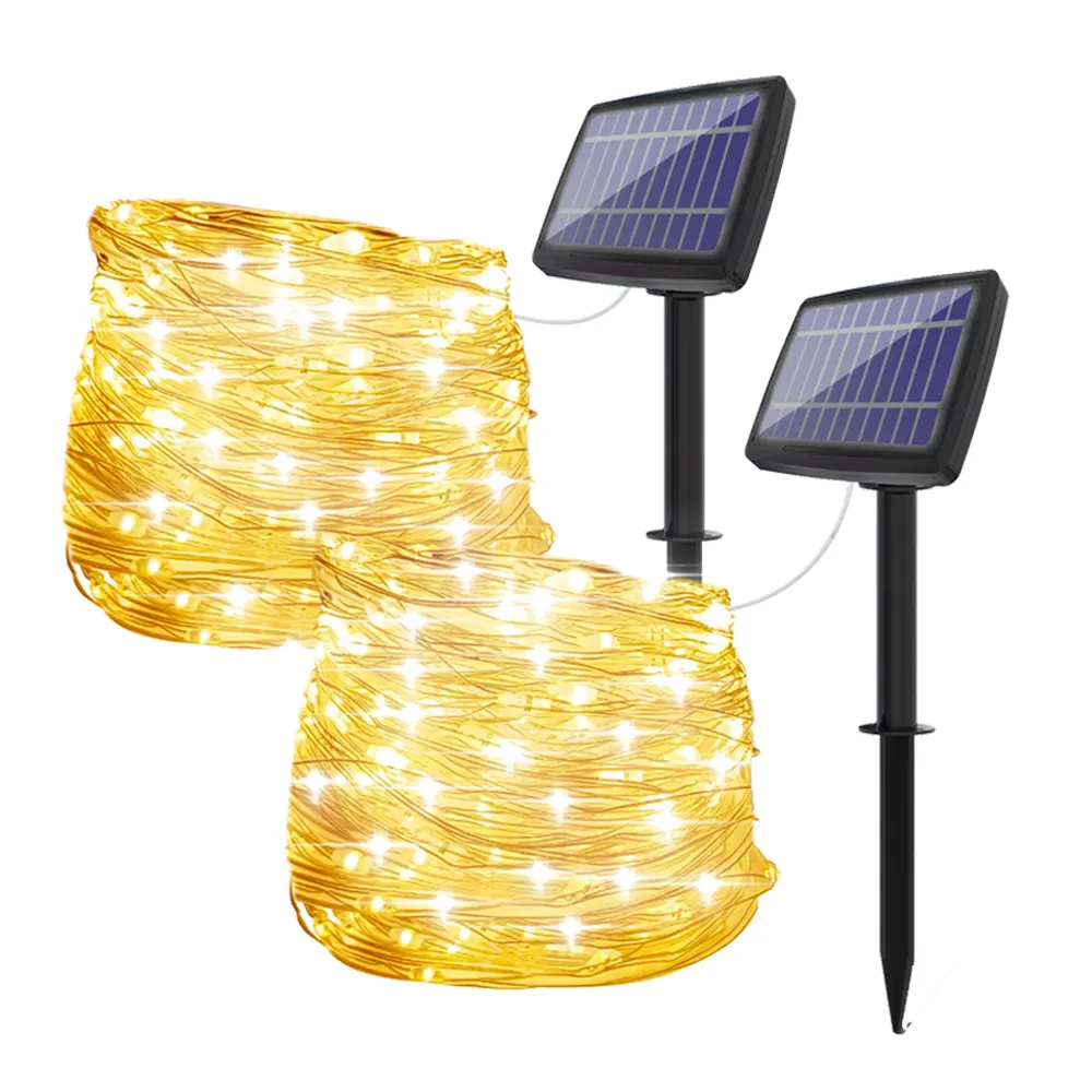 2 Pack 50 ft Warm White IP65 Outdoor Garden Yard Decoration Fairy Curtain Solar Panel 150 LED Cooper Wire String Lights