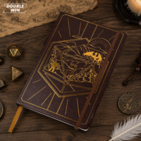 Diario de jugador de juegos de rol de fantasía TTRPG con cubierta de cuero PU marrón personalizada, tapa dura, estampado en caliente y banda elástica.