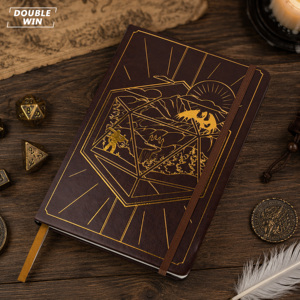 Diario de jugador de juegos de rol de fantasía TTRPG con cubierta de cuero PU marrón personalizada, tapa dura, estampado <span class=keywords><strong>en</strong></span> caliente y banda elástica. - Product Image 5