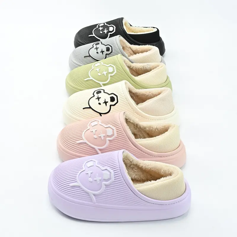 Chaussons d'hiver avec imprimé ours mignon Eva Chaussons de ménage antidérapants Chaussons imperméables de salle de bain pour hommes et femmes Glissades