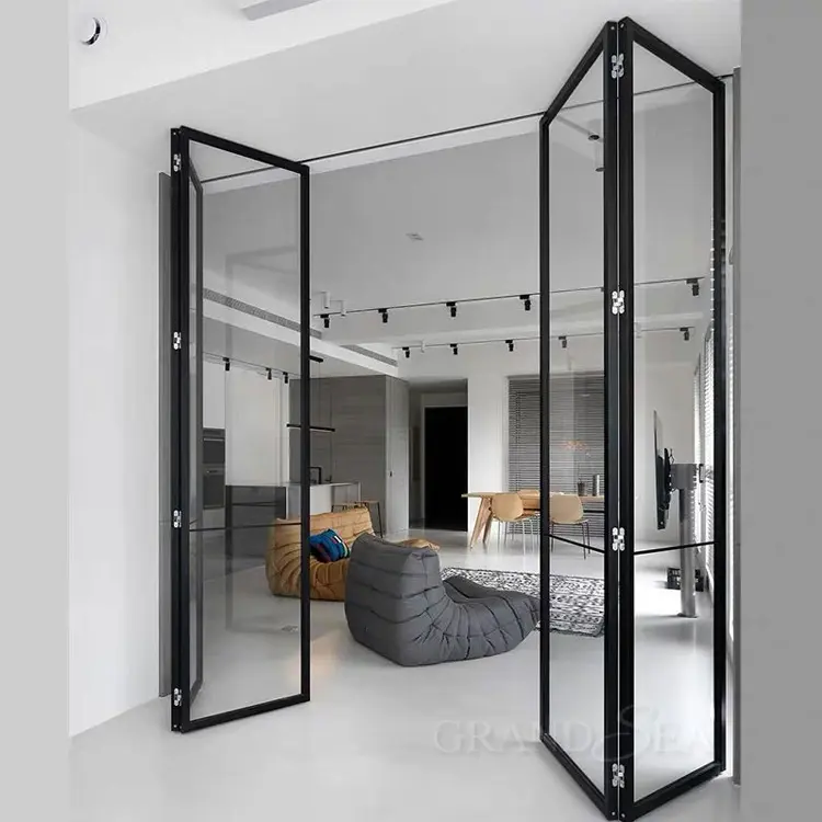 Villa Luxe Moderne Patio Porte Pliante Noir Encadré Portes Pliantes Transparent Coulissant Pliable Porte en Verre