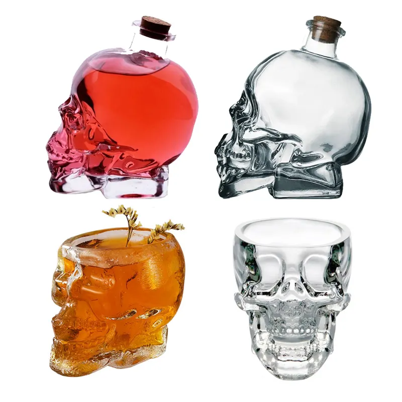 großhandel 240 ml 480 ml 1000 ml super flint klar schädel glasflasche fabrikpreis mit skelett cocktail glas