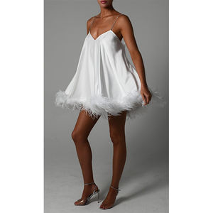 Su misura bianco scollo a V bretelle senza schienale da donna festa in raso di struzzo Mini abito da donna - Product Image 4