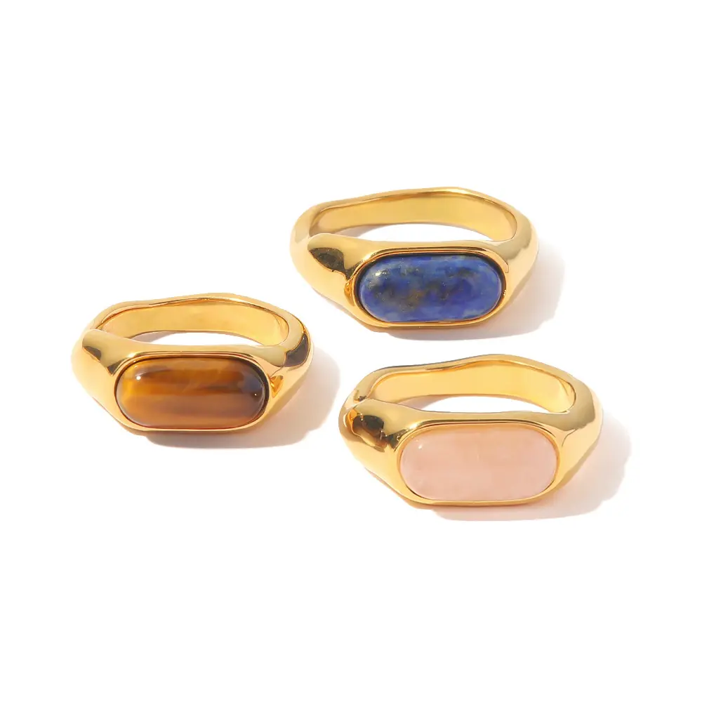 Cincin desain Vintage batu permata alami Oval, perhiasan cincin jari berlapis emas baja tahan karat modis untuk wanita
