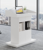 Podium d'école moderne en bois avec compartiment de rangement intégré et placement de dispositifs pour les conférences et les présentations en classe
