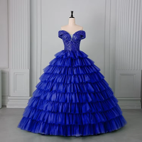 Robe de Quinceañera en tulle à étages, épaules dénudées, ornée de perles argentées, pour événements de soirée