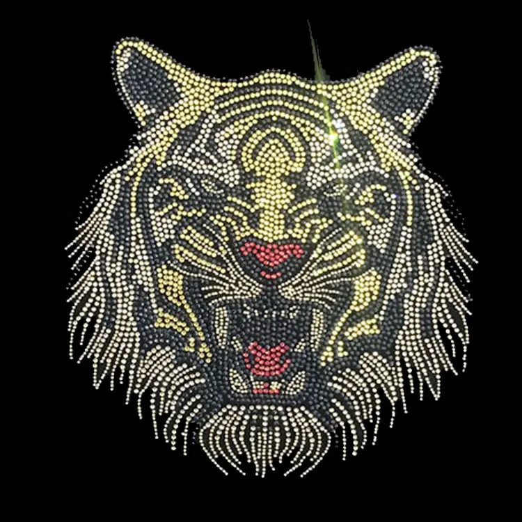 Hotfix Pemasok Kristal Kustom Logo Harimau Bling Panas Tekan Besi Pada Transfer Berlian Imitasi untuk T-shirt