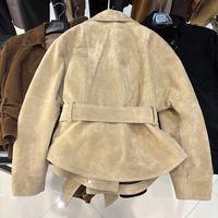 Veste en cuir véritable à épaules tombantes pour femme, ceinturée, style vintage, en daim véritable, pour l'automne