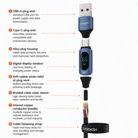 Kabel Pengisian Cepat Toocki 66W USB Type-C dengan Pelapis Nilon, Transfer Data Kecepatan Tinggi 6A untuk Ponsel, Tablet, Kamera, Komputer