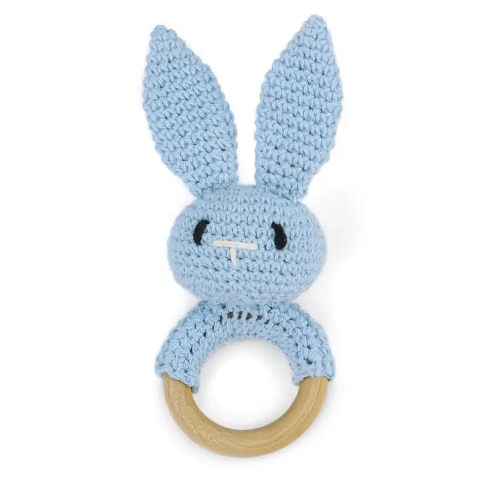 Cute Wooden Baby Rattle Teething Toys Crochet Bunny Rattles Bracelet Chewable for Infants and Toddlers