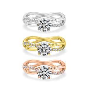 Bague de fiançailles en or 10K 14K avec diamant de laboratoire rond 1 carat, bande torsadée infinie avec pierres pavées sur les côtés, bague de mariage en or - Product Image 1