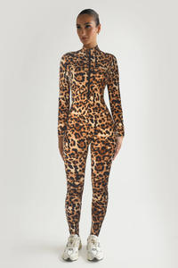 Herbst Neuankömmling Frauen Mode gedruckt O-Ausschnitt vorne Reiß verschluss Bodysuit Club Wear Langarm Jumps uit für Frauen - Product Image 6