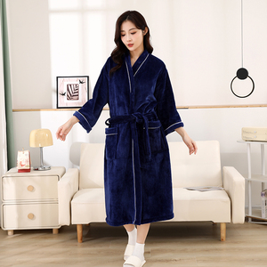 เสื้อคลุมอาบน้ำผ้าสักหลาดสำหรับผู้ชายและผู้หญิงคอปกสีทึบยาวดูดซับสำหรับผู้<span class=keywords><strong>สูงอายุ</strong></span>ชุด<span class=keywords><strong>นอน</strong></span>ของผู้หญิง - Product Image 5