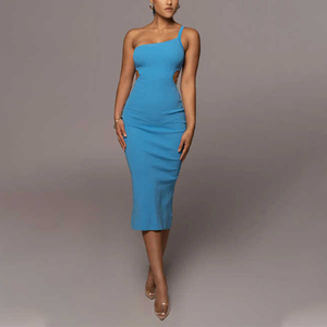 Logo personalizzato festa abiti Midi donna all'ingrosso Sexy blu monospalla vestito aderente abiti Midi a coste - Product Image 1