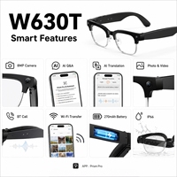 Lunettes Caméra IA W630T 8MP avec Transfert Photo WiFi, Traduction Vocale, Appel Bluetooth, Lunettes Intelligentes pour Usage Quotidien, Mémoire 4G, Lunettes de Soleil