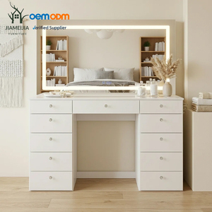 JIAMEIJIA Wit Houten Kaptafel met Verstelbare LED Verlichte Spiegel, 11-Lades Make-up Station, Kristallen Knoppen, Moderne Beauty Kaptafel - Product Image 1