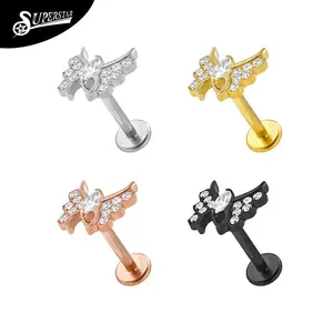 Produsen Superstar Top CZ butterfly ASTM F136 titanium tanpa benang labret perhiasan tindik bibir kancing