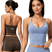 Atasan Olahraga 2-in-1 Tanpa Punggung Model Halter untuk Yoga dan Aktivitas Lainnya, Logo Kustom, Ringan, Logo Depan, Tank Top Sporty, Atasan Seksi Off-shoulder
