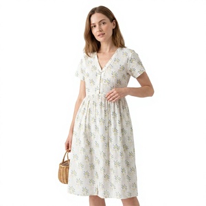 Vestido Corto Estampado con Cuello en V, Transpirable, de Manga Corta, Elegante, Casual, Veraniego, Ecológico, 100% Algodón, Estampado Floral, Corte en A, para Mujer - Product Image 1