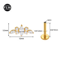 F136 Titanium Zircon Long Flower Piercing Punk Style 16g Internal Thread Ear Studs Lip Rings 1.2/1.0mm Rod Thickness 6/8/10mm