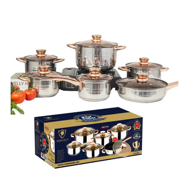 Chất lượng cao bán buôn Hot Bán 12 cái thép không gỉ vàng nấu ăn chậu và chảo không dính capsulted Cookware sets