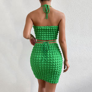 Custom Summer New Fashion 2023 Vestidos de mujer Ropa al por mayor Halterneck Green Outfits Bodycon Sexy 2 PCs Faldas Conjuntos - Product Image 5