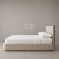 Cadre de lit rembourré en lin rainuré vertical OKA personnalisé par l'usine OAKEN, cadre en bois massif, lit plateforme moderne Wabi Sabi pour chambre à coucher