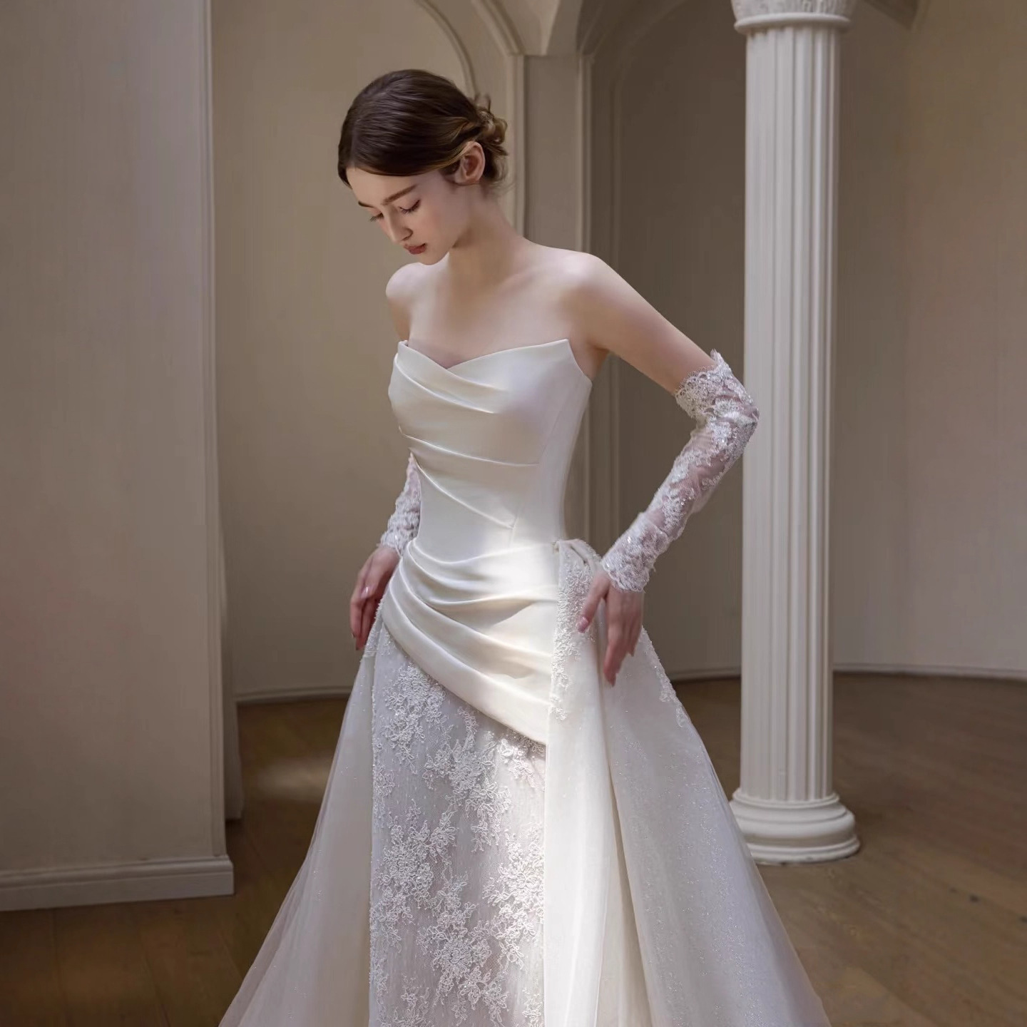 Customized Sheath Mermaid Lace 2 In 1 Sweetheart Neckline Detachable Trailing Beach Wedding Dress Bridal Gown Corset Engagement