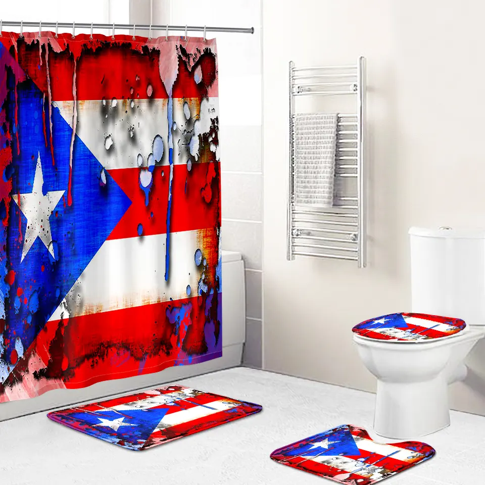 New Designer Custom Puerto Rico Flag Printed Shower Curtain Set Love is Love 3D Unisex Bathroom Shower Curtain Sets with Rugs