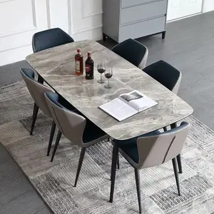 Desain baru disesuaikan mewah persegi panjang 6 tempat duduk batu logam Italia Modern meja makan mewah marmer meja makan