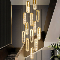 Lustre linéaire LED moderne à hauteur réglable pour escalier, suspension ovale en cristal doré pour villa à plafond haut