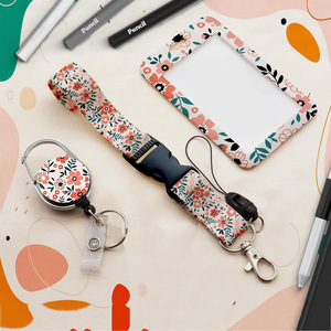 Extendable pink flower <b>ID</b> badge clip with lanyard, easy-pull buckle, detachable neck strap, and personalized vertical card - Product Image 2
