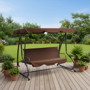 Banc balançoire de patio en tissu enduit de PVC marron, acier thermolaqué, mobilier de jardin durable pour la détente en extérieur - Product Image 2