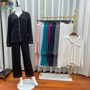 Ensemble de pyjama thermique d'été pour femme SUHE en modal et élasthanne, haut à manches longues boutonné, pantalon large avec passepoil contrastant, OEM ODM - Product Image 3