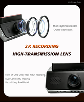 Caméra embarquée 2K à double objectif avec écran tactile IPS de 4,3 pouces, objectifs grand angle 140+120°, enregistrement en boucle, contrôle par application vidéo