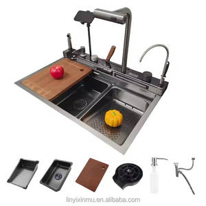 Évier de cuisine moderne de luxe <span class=keywords><strong>en</strong></span> acier inoxydable 304 à cuvette unique, cascade intelligente, robinet de comptoir multifonctionnel noir nano à quatre trous - Product Image 1