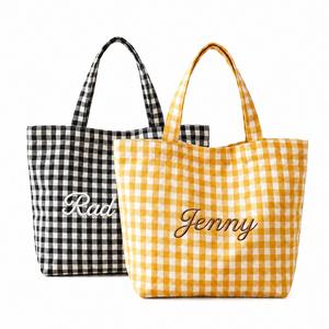 Personalized Gingham Canvas Tote <b>Bag</b>, Custom Name or <b>Initial</b>, Spacious Open Top Carryall for Beach, Picnic and Travel - Product Image 1
