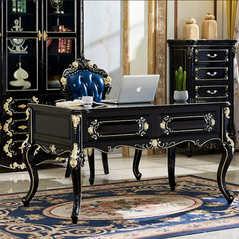 Classical Office furniture set in black lacquered with gold accents office desk table