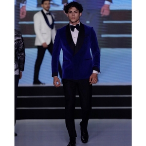 Vente chaude bleu velours hommes costumes noir châle revers deux pièces mariage Banquet mariés costume Double boutonnage fermeture hommes costume - Product Image 3