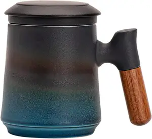 Tazas de cerámica reactivas con mango de madera, juego de té chino con infusor y tapa